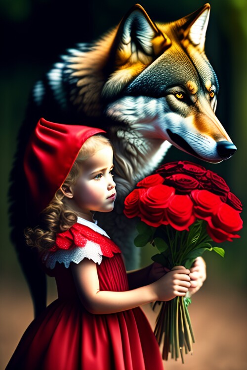 Wolf gives Little Red Riding Hood a bouquet of flo