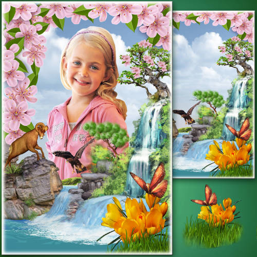 Цветочная рамка для фото - Бурный весенний водопад