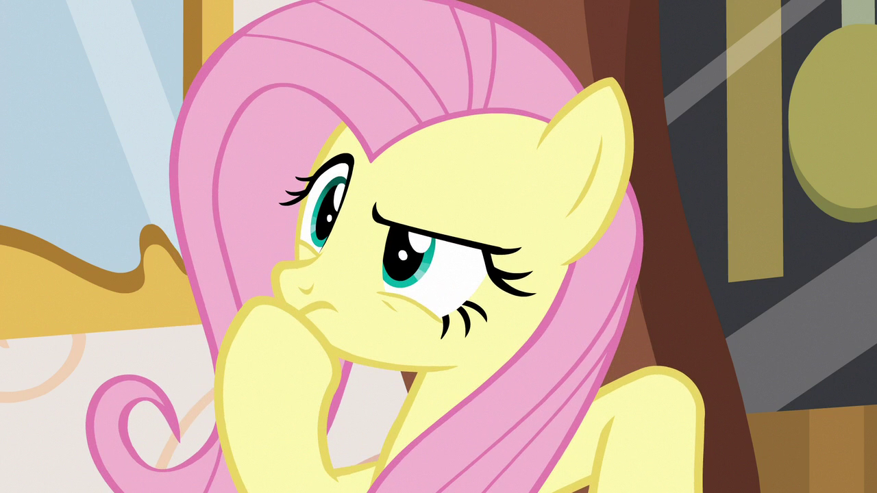 1651447__safe_screencap_fluttershy_discordantharmony_hoofonchin_pony_raisedeyebrow_solo_thinking.png