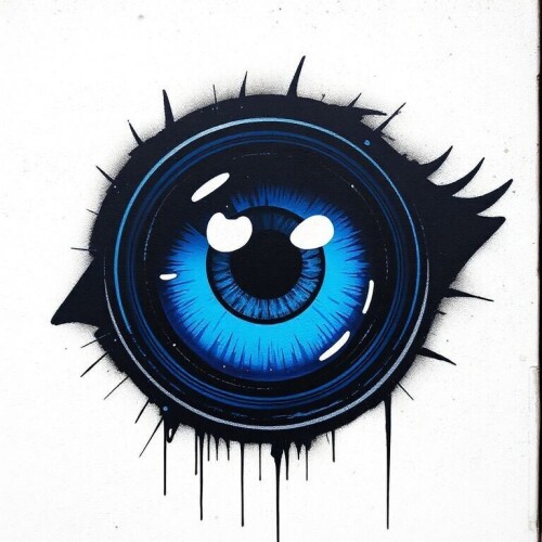 A-striking-eye-designed-as-a-camera-lens-featuring-vibrant-blue-and-deep-black-colors-set-against-a-stark-white-background.-The-eye-appears-to-be-watching-passersby-reminiscent-of-street-graffiti-that.jpg