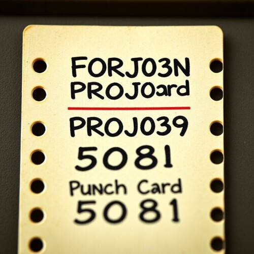 A-close-up-comical-depiction-of-a-vintage-punched-card-labeled-Fortran-Card-PROJ039-and-Punch-Card-5081.-The-image-centers-entirely-on-the-card-highlighting-its-unique-perforations-and-text.jpg