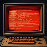 A-direct-frontal-view-of-a-vintage-terminal-that-fills-the-canvas-entirely-with-its-rich-brown-orange-tinted-screen.-The-screen-is-filled-with-an-engaging-array-of-technical-messages-capturing-full-at