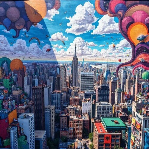 An-acclaimed-street-artist-showcases-their-talent-with-a-massive-colorful-mural-that-offers-a-birds-eye-view-of-a-bustling-city.-This-vibrant-artwork-intricately-blends-urban-landscapes-with-whimsical.jpg