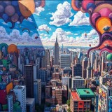 An-acclaimed-street-artist-showcases-their-talent-with-a-massive-colorful-mural-that-offers-a-birds-eye-view-of-a-bustling-city.-This-vibrant-artwork-intricately-blends-urban-landscapes-with-whimsical