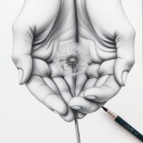 An-up-close-detailed-graphite-drawing-by-a-rising-talent-features-intricate-hands-tenderly-holding-a-fragile-dandelion.-The-artwork-beautifully-captures-the-delicate-textures-of-both-the-hands-and-the