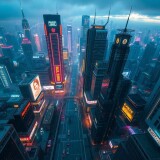 Capture-a-breathtaking-birds-eye-view-of-a-bustling-cyberpunk-metropolis-at-dusk.-Skyscrapers-adorned-with-vibrant-neon-lights-reflect-on-rain-soaked-streets-forming-a-dazzling-city-symphony