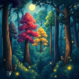 A-captivating-illustration-that-showcases-a-magical-forest-filled-with-towering-colorful-trees-and-sparkling-fireflies