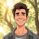 Illustration-of-a-man-with-a-confident-yet-friendly-expression.-He-stands-in-a-natural-outdoor-environment-wearing-casual-clothing.-The-sunlight-filters-through-the-trees-casting-warm-glows-on-his-fac