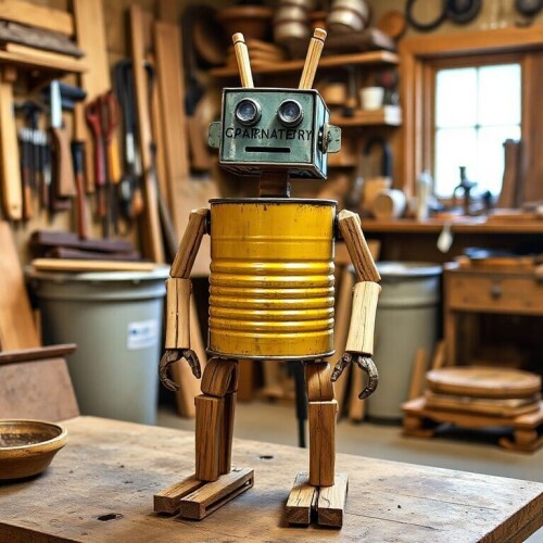 A-creative-robot-crafted-using-carpenters-sticks-and-a-trash-can-for-its-body.-The-robot-stands-in-a-cozy-workshop-filled-with-woodworking-tools-and-projects-in-progress.jpg