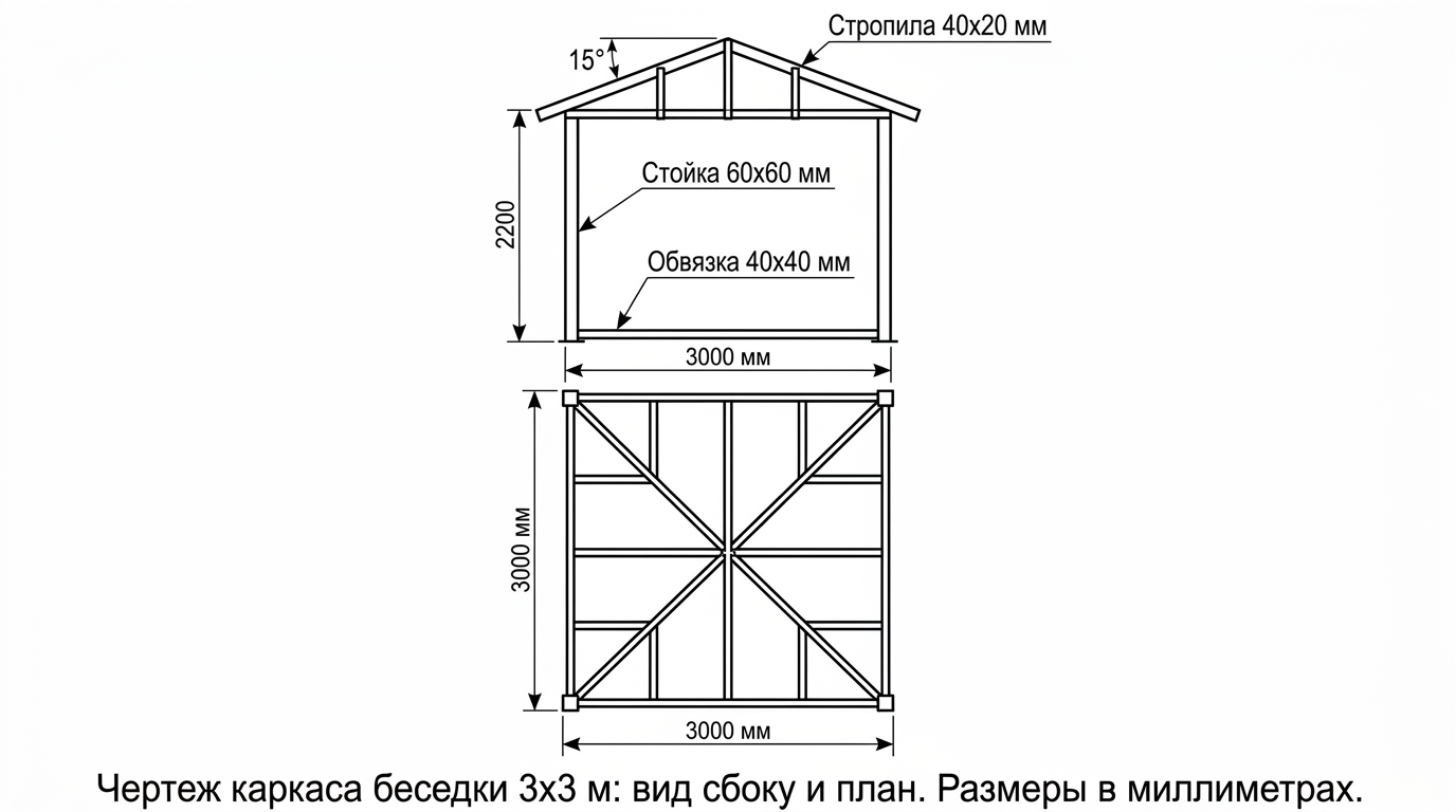 Чертёж каркаса беседки 3×3 из профильной трубы с указанием размеров стоек, обвязки и стропил