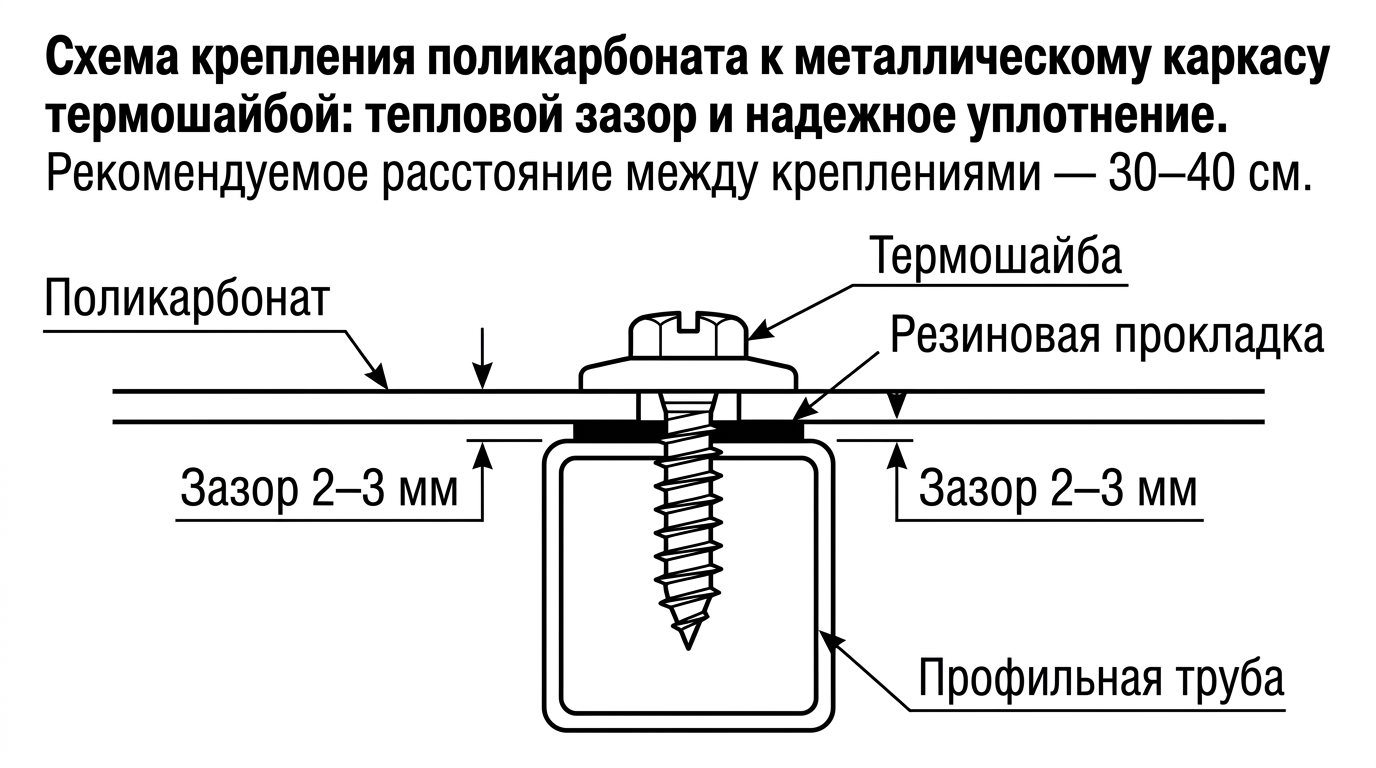 Схема крепления поликарбоната к металлическому каркасу с использованием термошайбы и зазоров на расширение
