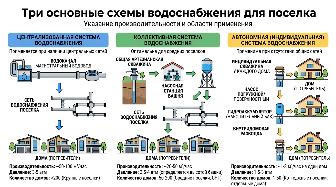 Схемы организации водоснабжения в поселке: централизованная, коллективная и автономная