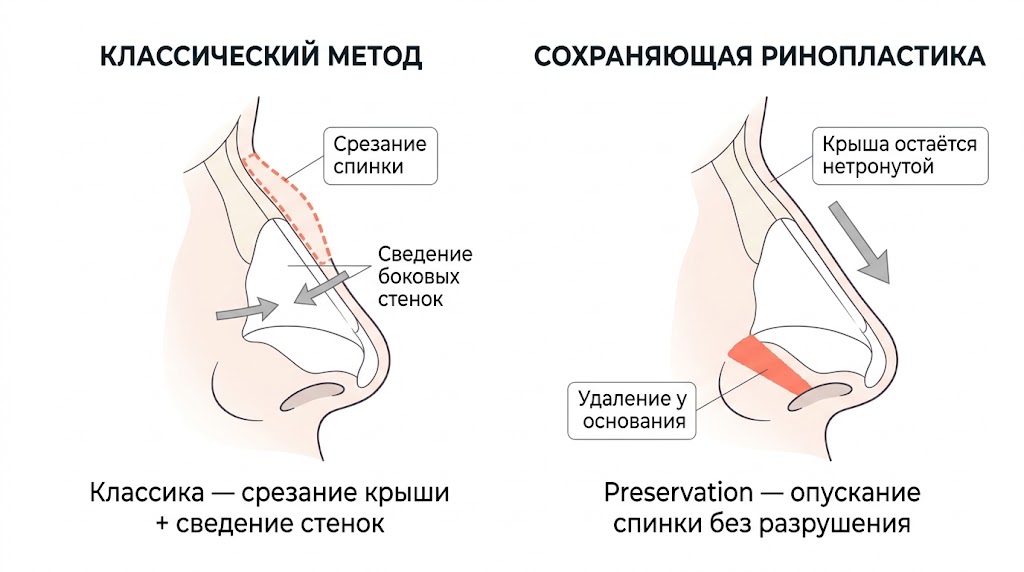 Сравнение классической остеотомии и сохраняющей ринопластики при удалении горбинки носа
