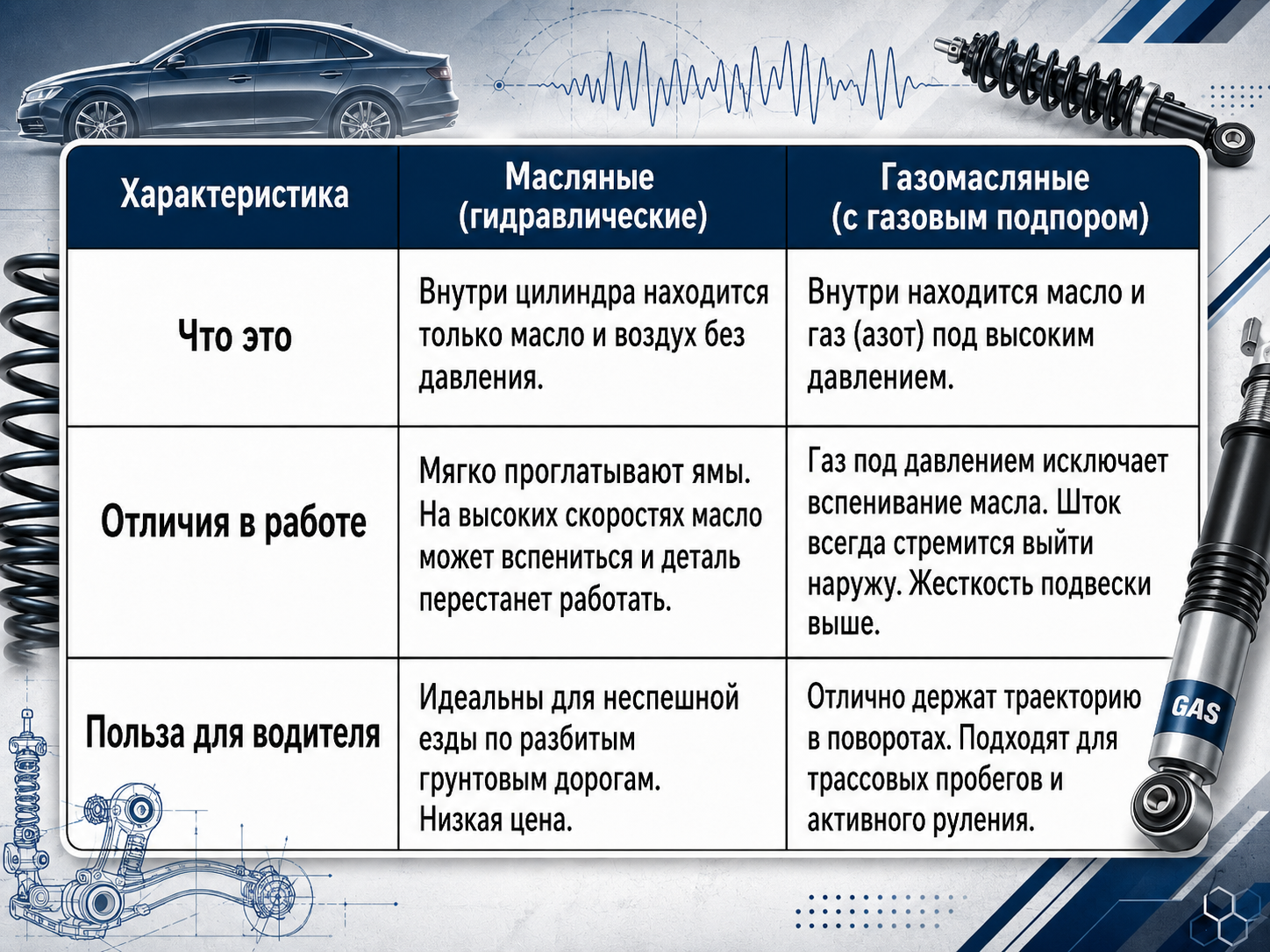 Отличие газовых амортизаторов от масляных
