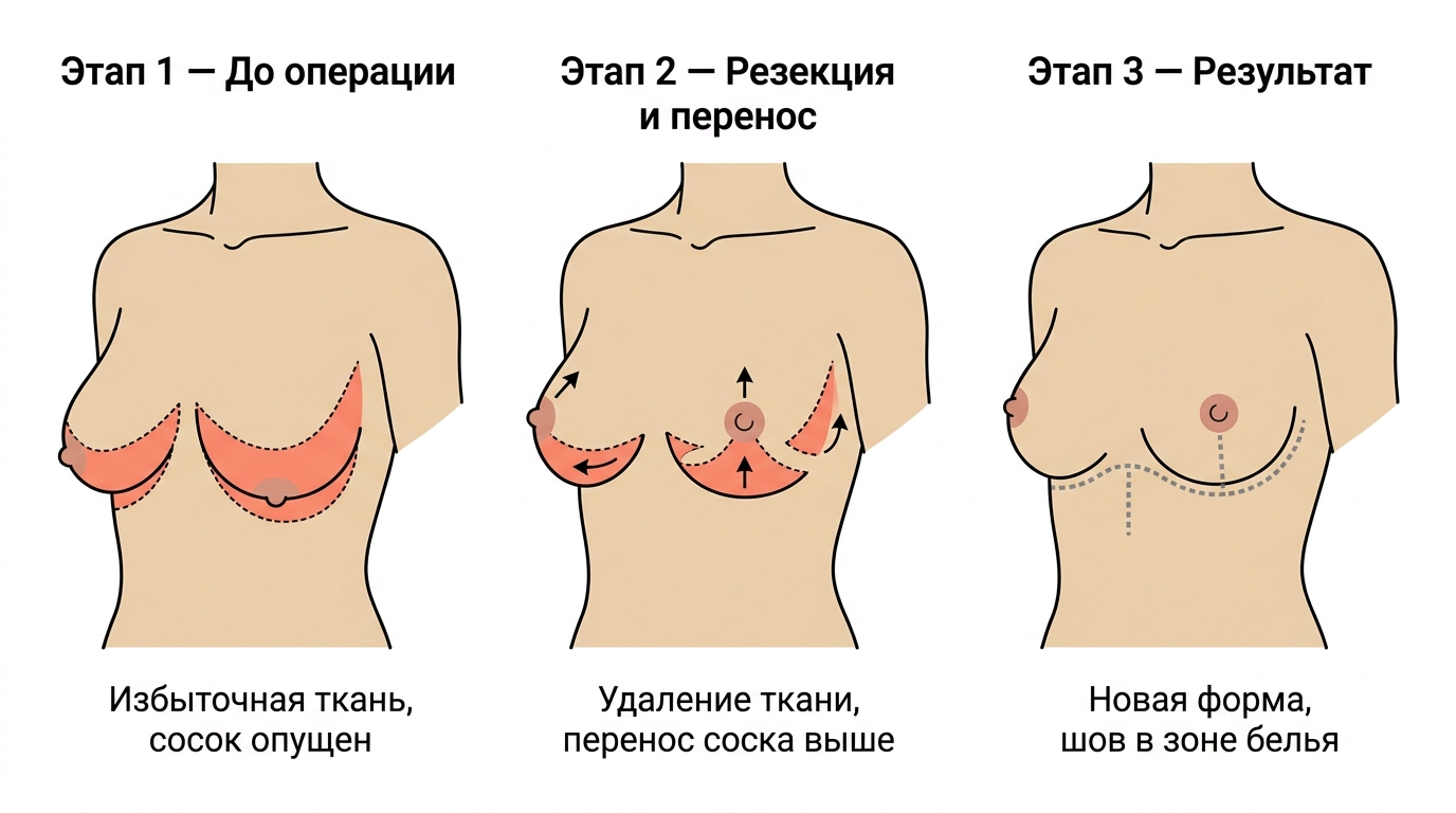Три этапа уменьшения груди — резекция ткани, перенос соска и формирование новой формы с якорным швом