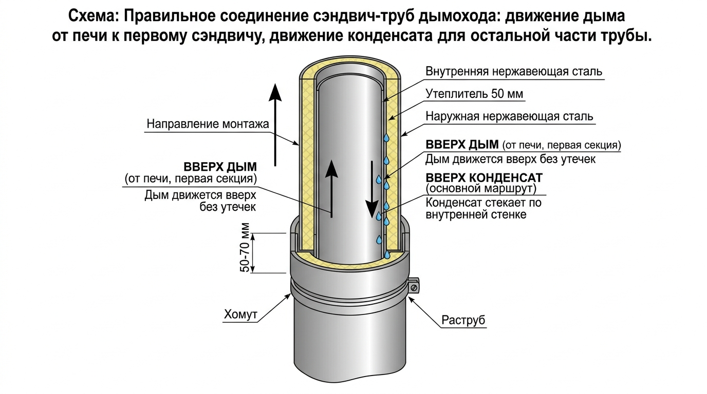 Схема сборки сэндвич-трубы дымохода по конденсату и по дыму — разрез с направлением монтажа