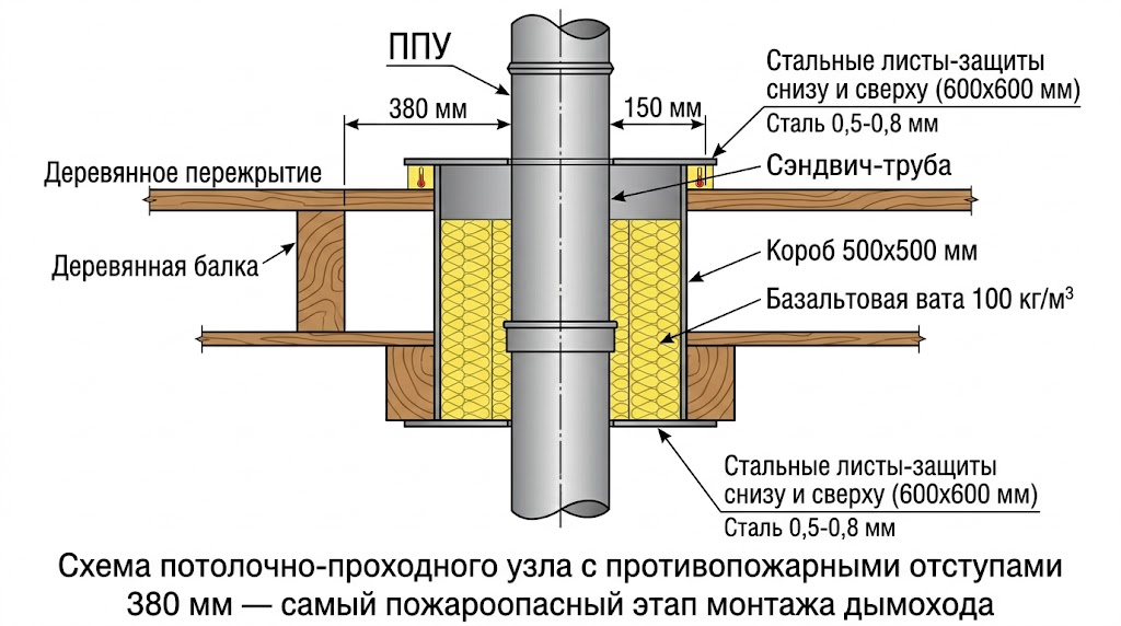 Схема прохода дымохода через деревянное перекрытие бани — потолочно-проходной узел с размерами отступов