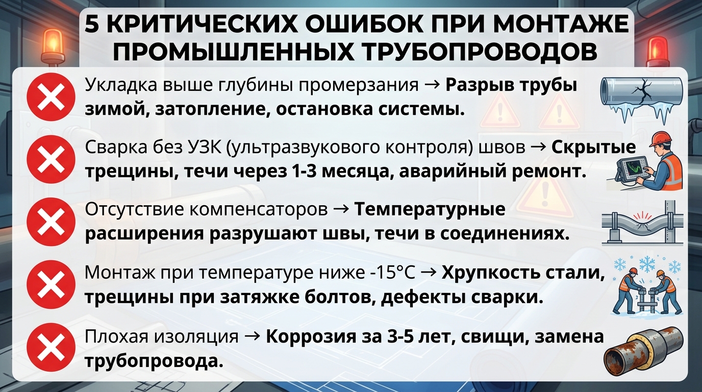 Чек-лист ошибок при монтаже промышленных трубопроводов