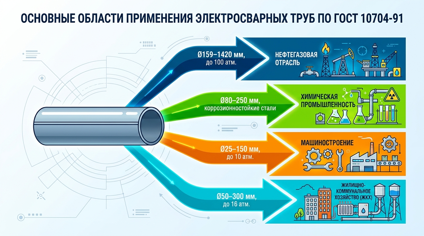 Схема распределения электросварных труб по отраслям: нефтегаз, ЖКХ, химическая промышленность, машиностроение
