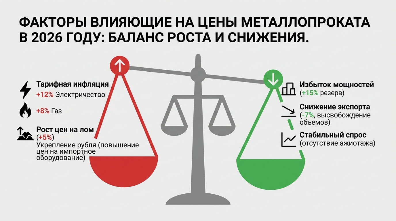 Схема факторов роста и падения цен на металлопрокат: инфляция, спрос, экспорт, мощности