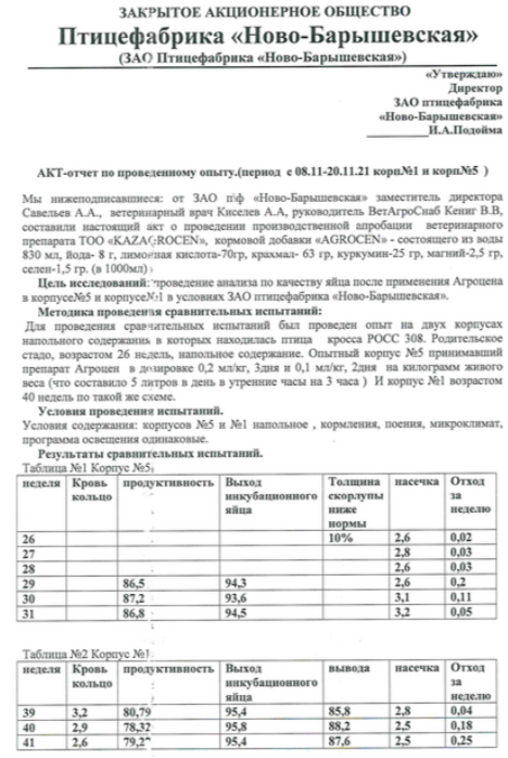 Результаты применения кормовой добавки Агроцен на птицефабрике - качество яйца и продуктивность